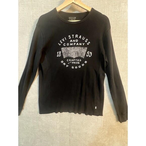 (Medium) Mens Levi's Black Waffle Knit T Shirt Logo Long Sleeve Graphic SpellOut - Picture 1 of 7